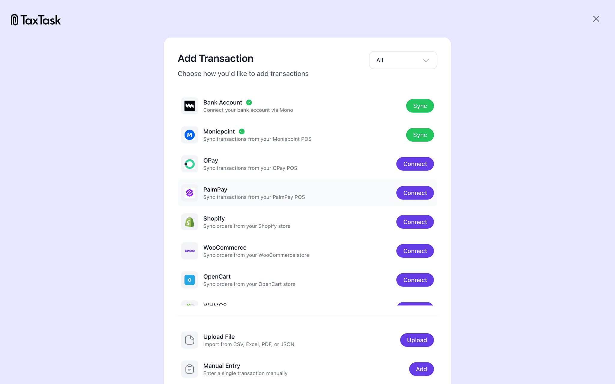 TaxTask integrations — connect banks, POS, and accounting tools