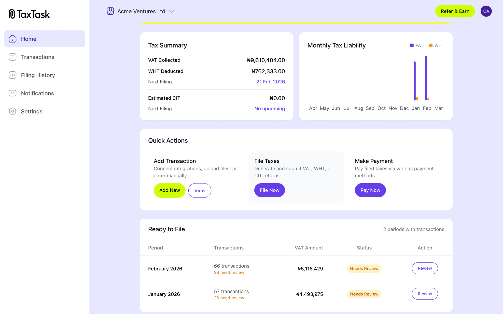 TaxTask dashboard — quick actions for filing and payments