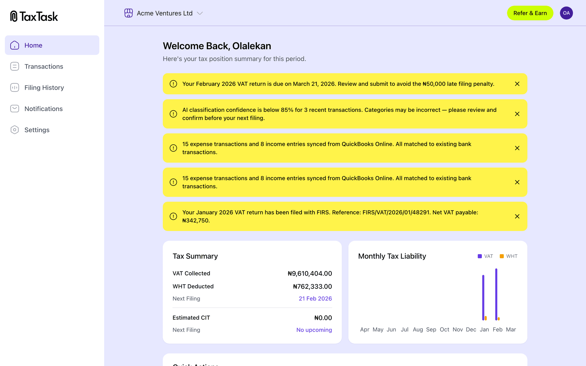 TaxTask personal tax dashboard — track income and reliefs