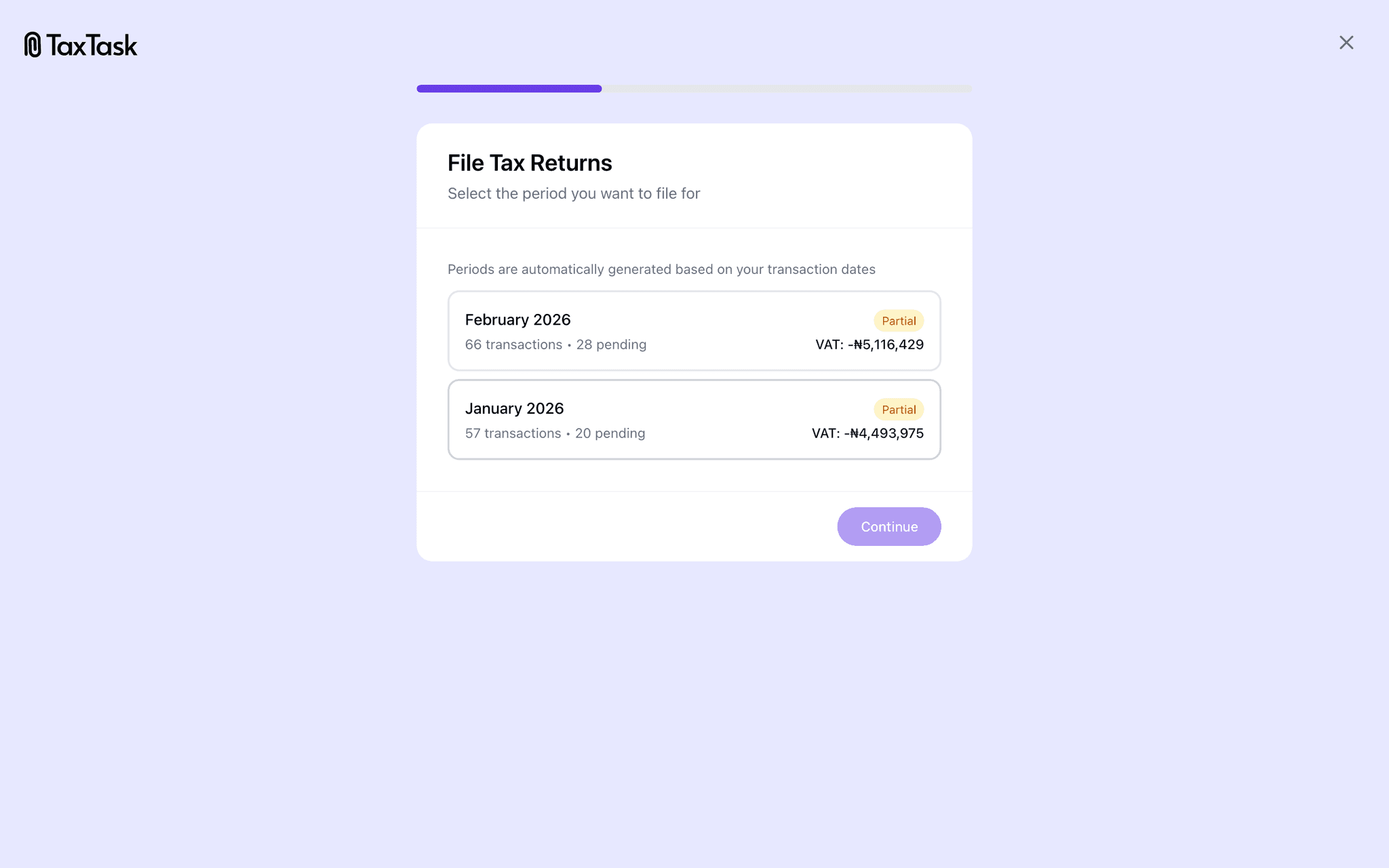 TaxTask tax filing — select period and file returns