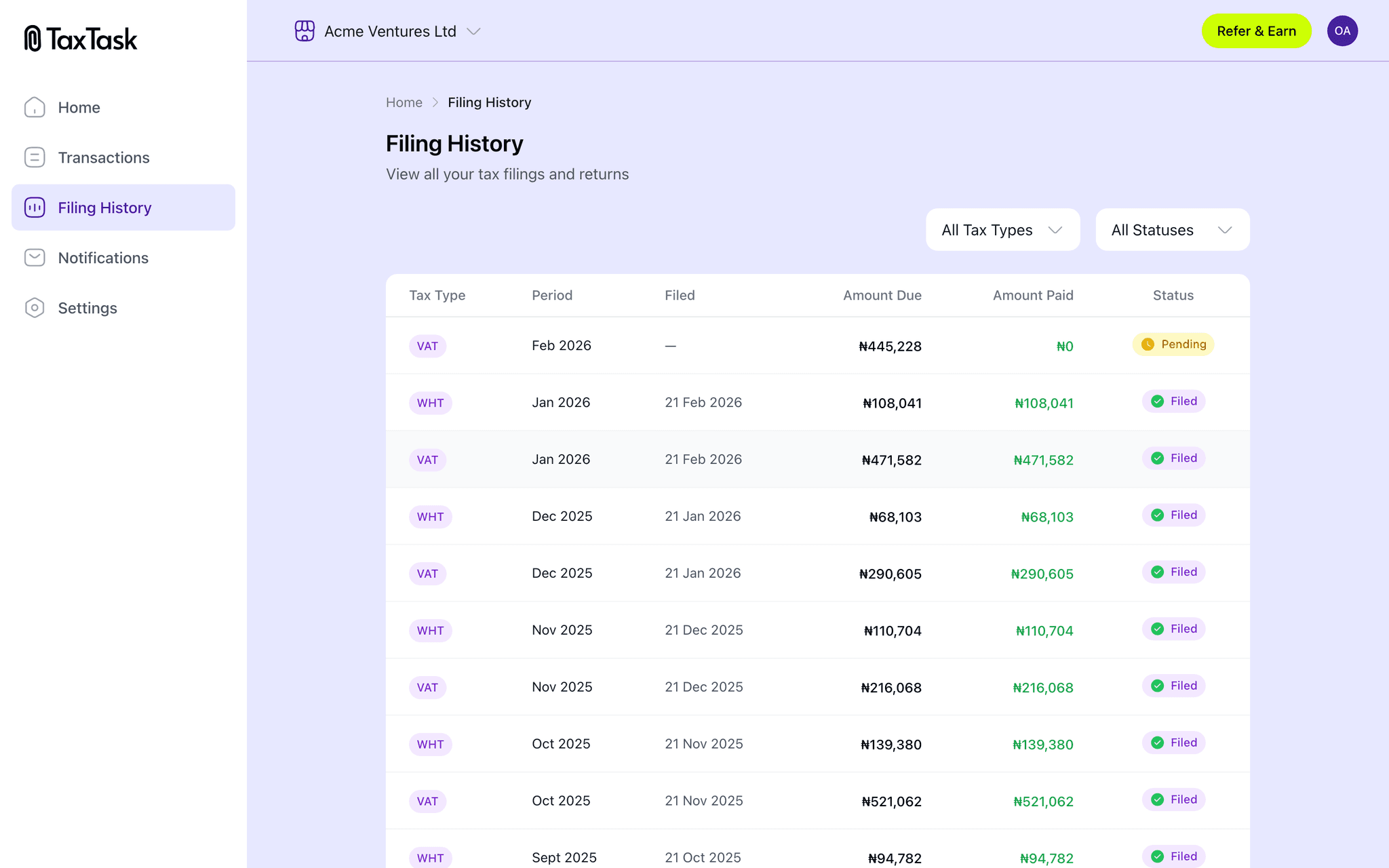 TaxTask filing history — track submitted returns and payments
