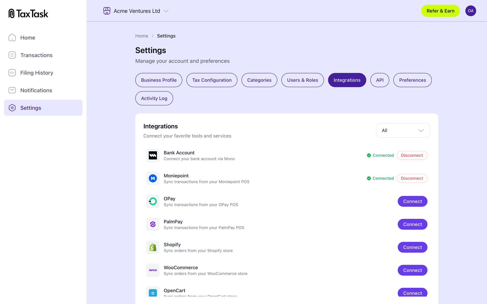 TaxTask integrations — connect your bank, POS, and accounting tools