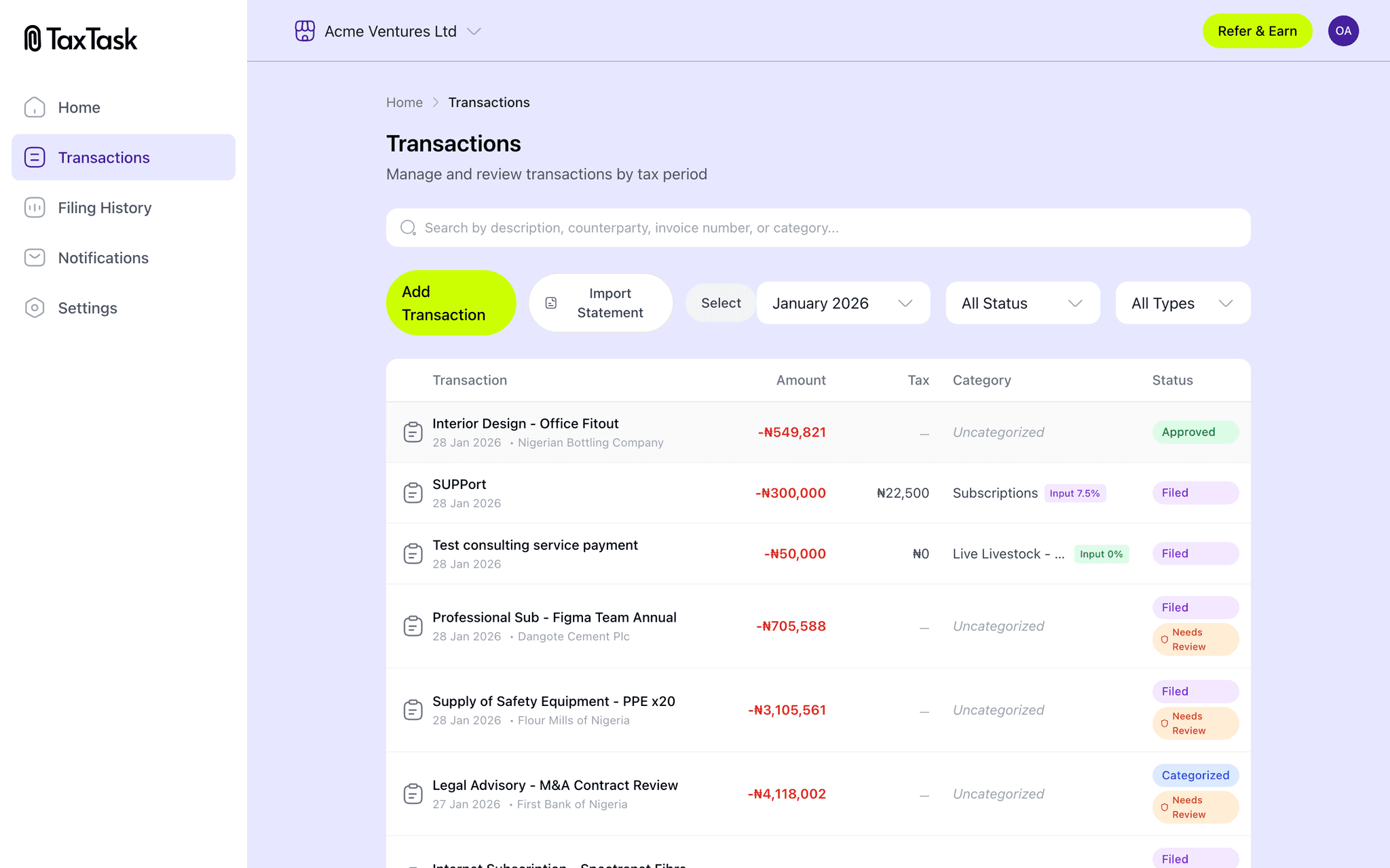 TaxTask AI-powered transaction classification and tax calculation